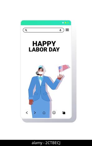 Stewardess in Uniform Holding USA Flagge Labor Day Feier Konzept Frau trägt Maske, um Coronavirus Pandemie Smartphone Bildschirm Porträt zu verhindern Vertikale Vektordarstellung Stock Vektor