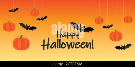 Halloween Banner Vektor. Happy Halloween Banner Hintergrund mit Fledermäusen und Kürbis in Papier geschnitten Stil. Orangefarbener Hintergrund. Stock Vektor