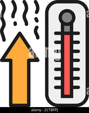 Thermometer, Symbol für flache Farblinie für Temperaturanstieg. Stock Vektor