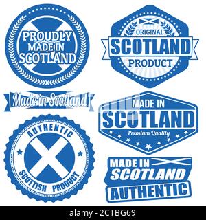 Satz von Briefmarken und Etiketten mit dem Text Made in Scotland geschrieben innen auf weißem Hintergrund, Vektor-Illustration Stock Vektor