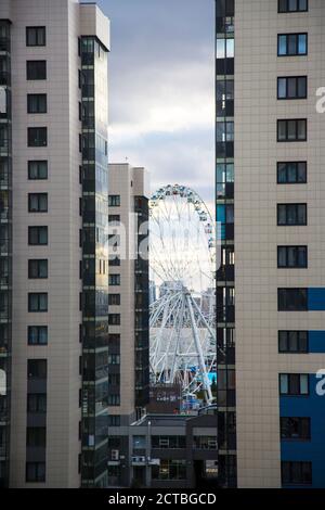 Das Riesenrad und glitzernde Hochhäuser in der Innenstadt Stockfoto