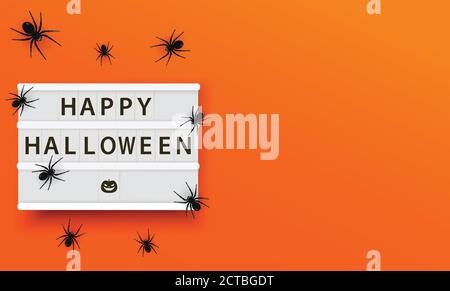 Happy halloween Leuchtkasten Vektor Illustration. Happy Halloween Poster mit Spinnen auf orangefarbenem Hintergrund. Gruseliges Banner oder Vorlage. Stock Vektor