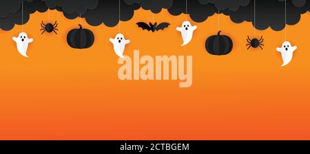 Halloween Banner Vektor. Happy Halloween Banner Hintergrund mit Wolken, Fledermäuse, Spinne und Kürbisse in Papier geschnitten Stil. Stock Vektor