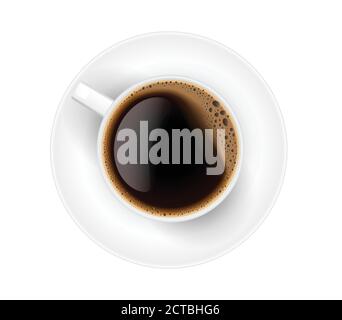 Kaffeetasse auf weißem Hintergrund. Tasse Kaffee und Untertasse, Draufsicht, 3D realistische Vektor. Stock Vektor
