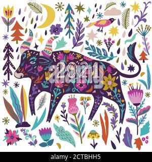 Neujahr dekorative Banner mit lustigen Cartoon Doodle Stier, Symbol 2021 Jahr, Blumen, Weihnachtsbäume und andere Stock Vektor