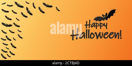 Halloween Banner Vektor. Happy Halloween Banner Hintergrund mit Fledermäusen in Papier geschnitten Stil. Orangefarbener Hintergrund. Stock Vektor