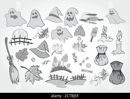 Vektor-Set von Halloween-Objekte für Design, Elemente und Kreaturen. Monochrom. Stock Vektor