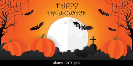Halloween Banner Vektor. Happy Halloween Banner Hintergrund mit Wolken, Fledermäuse, Mond, Wolken, Web, Baum und Kürbisse in Papier geschnitten Stil. Stock Vektor