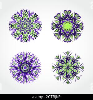 Vektor-Set von dekorativen runden Ornamenten. Designelemente in lila und grünen Farben. Stock Vektor