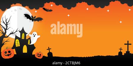 Halloween Banner Vektor. Happy Halloween Banner Hintergrund mit Sternen, Wolken, Fledermäuse, Mond, Wolken, Burg, Geist und Kürbisse in Papier geschnitten Stil. Stock Vektor