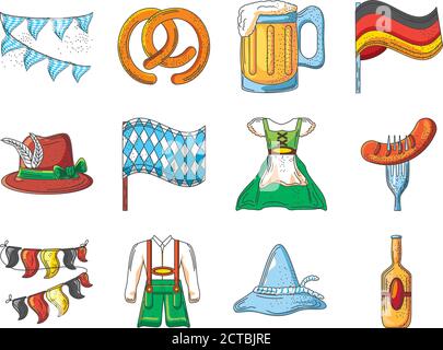 Set von Ikonen des oktoberfestes in weißem Hintergrund vektorgrafik Design Stock Vektor