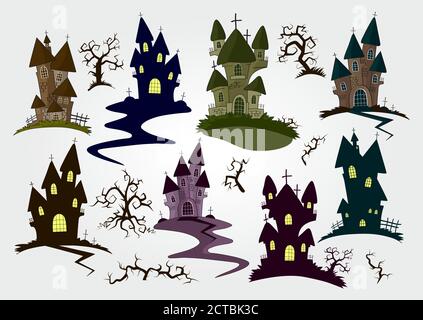 Vektor-Set von Halloween-Objekte und Elemente für Design: Schlösser und Bäume. Farbig. Stock Vektor