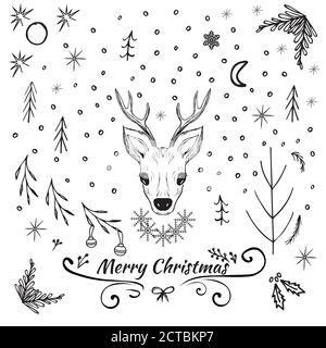 Eine Weihnachtskarte mit einer Skizze von Weihnachtssymbolen und einem Fawn-Kopf für eine Grußkarte, ein Weihnachtsposter oder eine Einladung zu einer Party. Vektor Stock Vektor