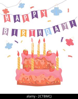 Happy Birthday Karte Vorlage mit Kuchen und Kerzen, flache Vektor-Illustration. Stock Vektor