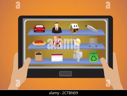 Vektor-Illustration der Hände halten ein mobiles Tablet mit vielen Bunte App-Symbole Stock Vektor
