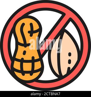 Verbotenes Schild mit Erdnuss, Erdnussfrei, Nussallergie flache Farbe Linie Symbol. Stock Vektor