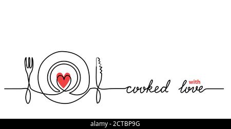 Platte, Gabel, Messer, Herz minimalistischen Vektor Web-Banner, Hintergrund. Eine fortlaufende Linienzeichnung mit Text, der mit Liebe gekocht wird Stock Vektor