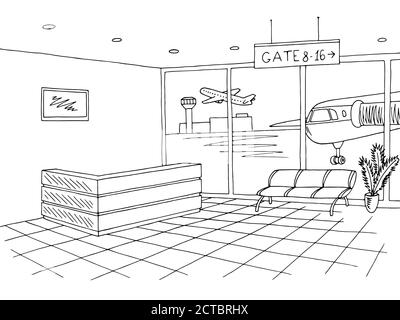 Flughafen schwarz weiß Innenraum Grafik Kunst Skizze Illustration Vektor Stock Vektor