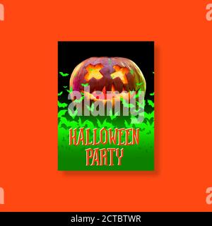 Gruseliger Kürbis auf dunkelorangenen Hintergrund mit halloween Party Text. Die Nacht der Angst. Design für den Verkauf, Copyspace. Halloween, schwarzer freitag, Cyber monday, Herbstkonzept. Flyer für Werbung. Einladungskarte. Stockfoto