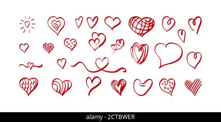 Doodle Herz Formen isoliert auf weißem Hintergrund. Rote handgezeichnete Dekoration für Valentinstag. Vektorgrafik. Stock Vektor