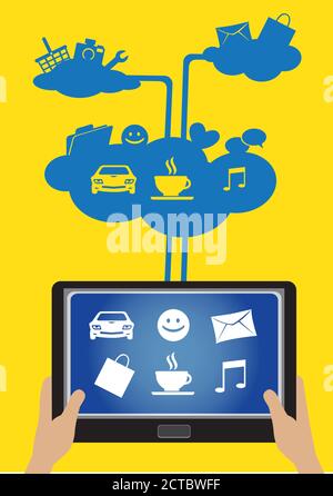 Ein Paar Hände halten Tablet-Computer mit Anwendungen Software-Symbole Links zu Web-Symbole in Cloud-Servern. Konzeptuelle Vektordarstellung isolieren Stock Vektor