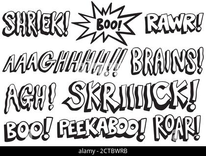 Satz von beängstigenden Worten. Spooky Halloween Cartoon Wörter Sammlung. Handgezeichnete, schwarz-weiße Vektorgrafik. Stock Vektor