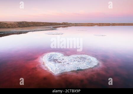 Herz aus Salz in rosa Wasser Salzsee in der Ukraine, Europa. Kreatives Konzept Stockfoto