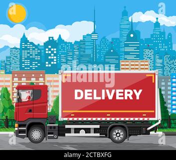 Roter Lieferwagen im Stadtbild-Hintergrund. Express liefern Dienstleistungen Nutzfahrzeug. Konzept der schnellen und kostenlosen Lieferung mit dem Auto. Fracht und Logistik. Cartoon flache Vektor-Illustration Stock Vektor