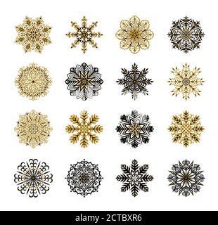 Großes Set mit niedlichen goldenen Schneeflocken. Sammlung von Vektor Winter Weihnachten und Neujahr Dekoration Elemente. Stock Vektor
