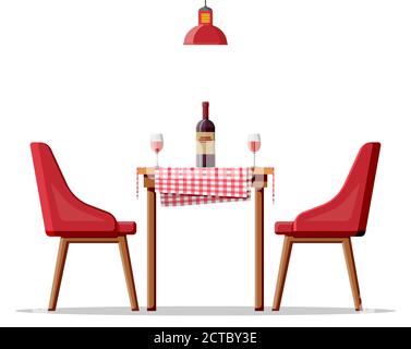 Innenraum des Hauses Esszimmer, Tisch mit Stühlen und Lampe. Restaurant oder Café, Flasche Wein und Gläser. Romantisches Datumskonzept. Möbel isoliert auf weiß. Cartoon flache Vektor-Illustration. Stock Vektor