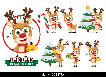 Reindeers Vektor-Zeichensatz. Rentier Charaktere in halten Glocke und Zuckerrohr, Dekoration weihnachtsbaum und Geschenk geben für Weihnachten Saison. Stock Vektor