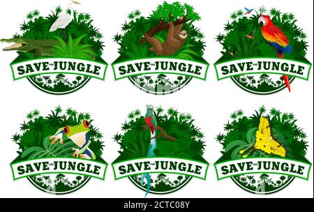 Speichern Dschungel Embleme mit Tieren Set Stock Vektor