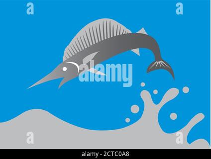 Vektordarstellung eines großen Schwertfisches, der aus dem Wasser springt. Stock Vektor