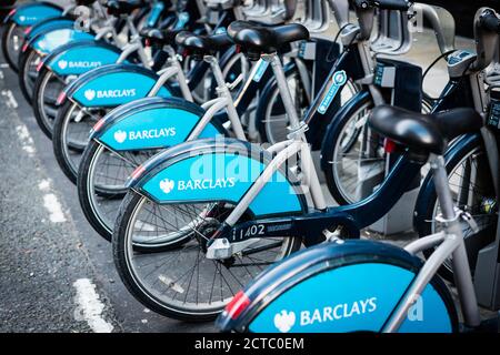 Boris Bikes Docking Station, London, Vereinigtes Königreich Stockfoto