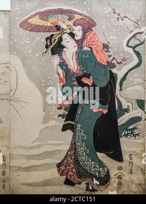 Enjoying the Snow, von Kikukawa Eizan, Holzschnitt, Edo-Zeit, 19. Jahrhundert Stockfoto