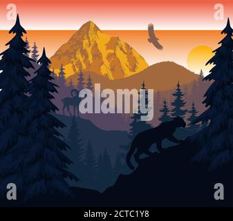 vector Berge Abendlandschaft mit puma und Ziege Stock Vektor