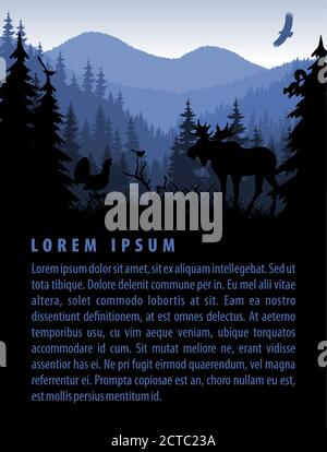 vektor Wald Hintergrund Design-Vorlage mit Bergen und Tieren Stock Vektor