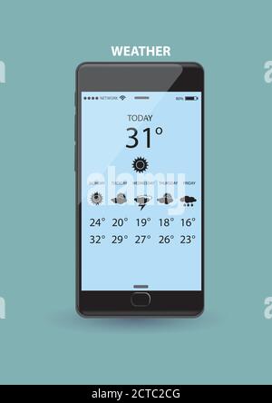 Schlankes schwarzes Mobiltelefon, das Wetteranwendung auf dem Bildschirm anzeigt. Vektorgrafik isoliert auf einfachem grünen Hintergrund Stock Vektor