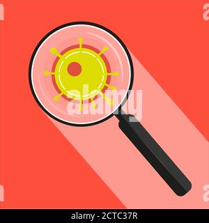 Covid-19 - Virus Vergrößerungsglas Vektor Illustration auf einer Orange Hintergrund Stock Vektor