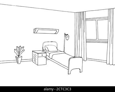 Krankenhaus Abteilung Klinik Zimmer Innenraum Grafik schwarz weiß Skizze Illustrationsvektor Stock Vektor