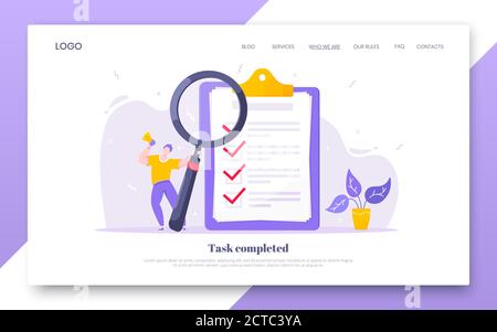 Aufgabe erledigt Geschäftskonzept winzige Person mit Megaphon, Lupe. Stock Vektor