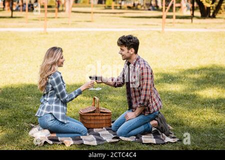 Seitenansicht des Mannes und der Frau, die auf einer karierten Decke sitzen Und klirrende Gläser Rotwein Stockfoto