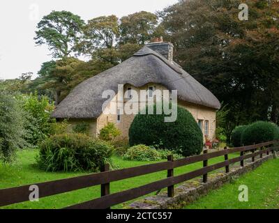 Traditionelles Reetdachhaus in Merthyr Mawr, Bridgend Wales, Großbritannien Stockfoto