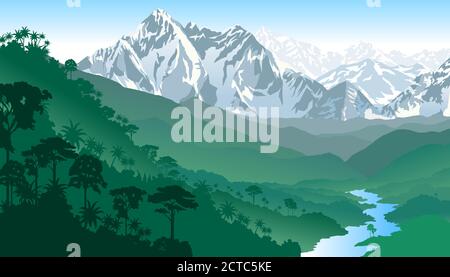 Vektor Tropical Rainforest Jungle Mountains mit Fluss Stock Vektor