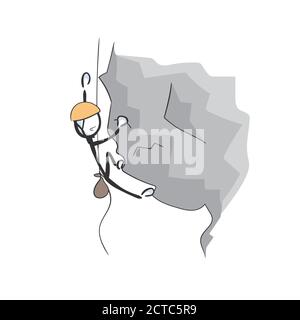 Klettern Berg Extremsport. Vektor einfache Felsen Kletterer. Stickman kein Gesicht Clipart Cartoon. Von Hand gezeichnet. Doodle Skizze, grafische Illustration Stock Vektor