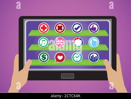 Vektordarstellung der Hände, die ein mobiles Tablet mit bunten runden Symbolen als App-Symbole halten. Isoliert auf violettem Hintergrund. Stock Vektor