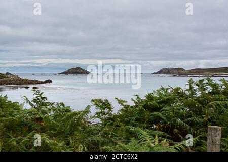 Die Inseln Men-a-vaur, Round Island und St. Helenes von Tresco aus gesehen, Isles of scilly Stockfoto
