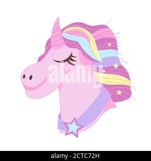Einhorn mit Regenbogen Haar Cartoon Farbe Symbol, flache Vektor-Illustration isoliert. Stock Vektor