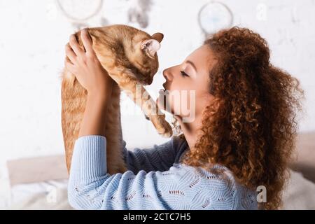 Seitenansicht einer rothaarigen Frau, die zu Hause eine Katze hält Stockfoto