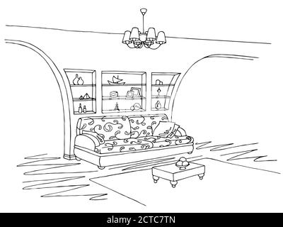 Wohnzimmer Interieur schwarz weiß Grafik Kunst Skizze Illustration Vektor Stock Vektor